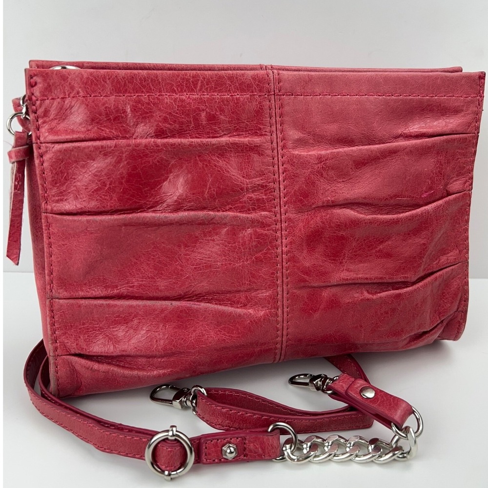 THE SAK Charleston Leather Demi Shoulder Clutch Pink Pleated Chain Handbag Purse